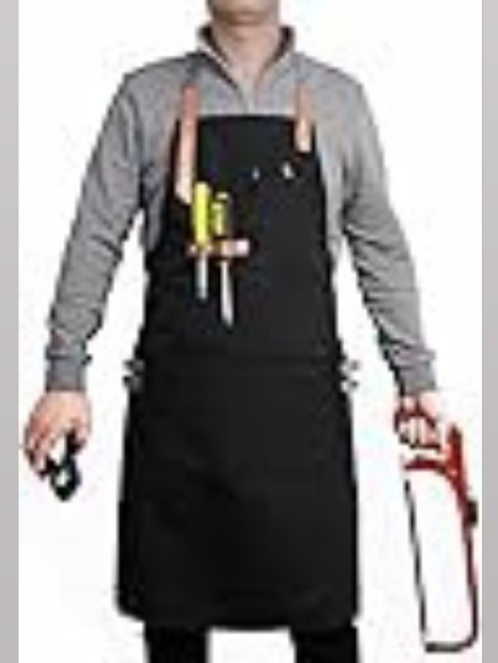 Black Canvas Chef's Apron Unisex with Brown Leather Straps 3 Pockets One Size - Picture 3 of 6